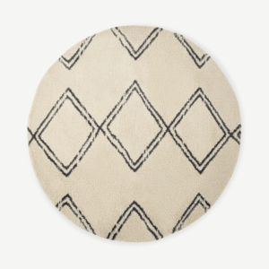 Caram Round Berber Style Rug, Large 200cm, Off-White & Charcoal Grey